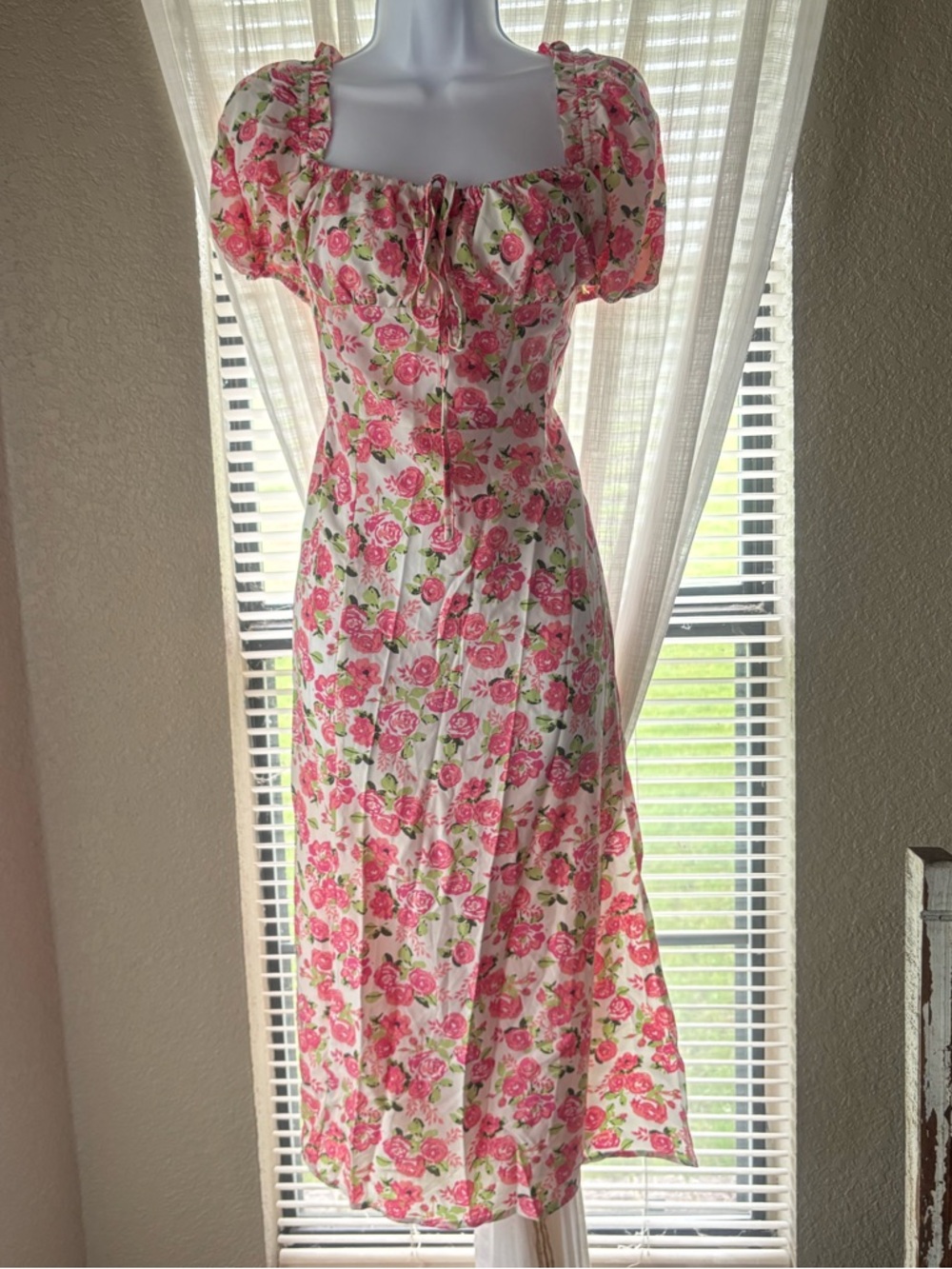 Cider Pink Floral Square-Neck Puff-Sleeve Midi Dress